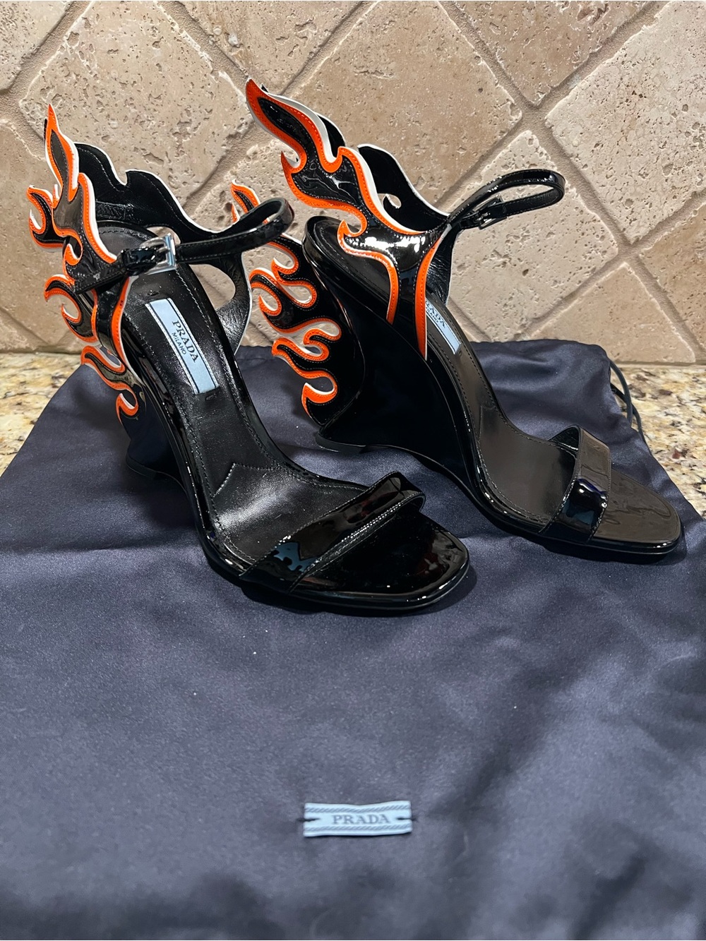 Prada 2018 Flame Detail Black Patent Leather Wedge Sandals w/ Orange Flame - Picture 14 of 14